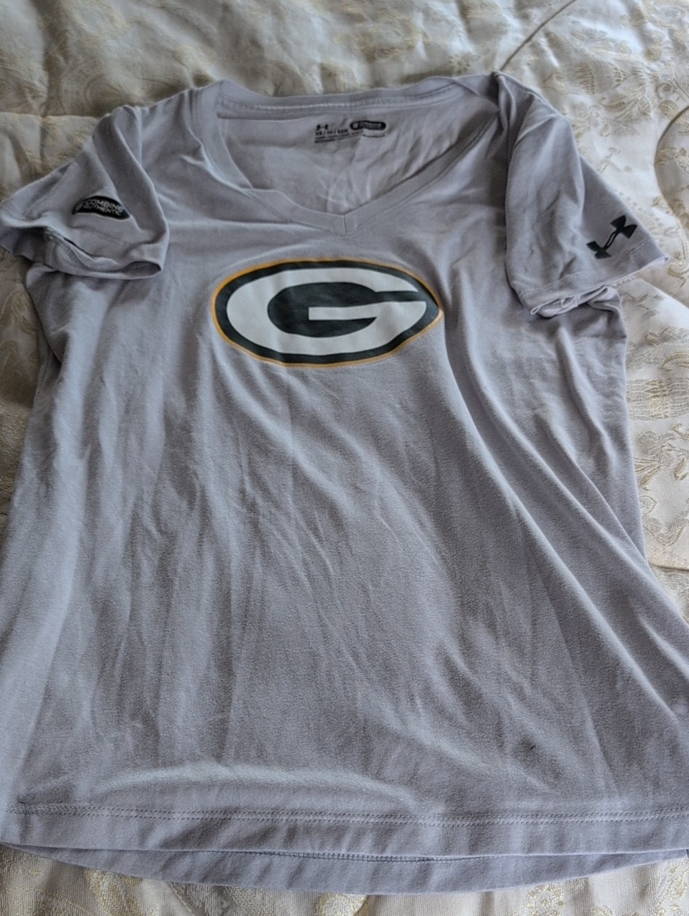 Under Armour Women's Gray Green Bay Logo V-Neck Shirt